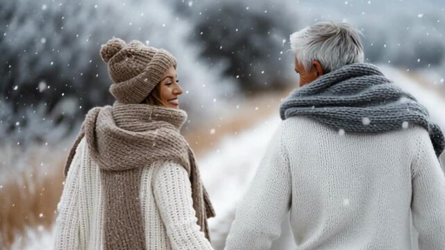 romantic winter stroll couple video: Cozy Winter Stroll: Romantic Couple Walking Through Snowy Landscape  through snowy town in cozy attire, ideal for holiday ads, relationship themes