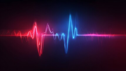 Fototapeta premium Minimalist heartbeat cardiogram pulse line glowing red on blue gradient background, futuristic medical health monitoring vector illustration