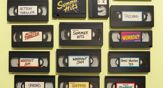 Retro VHS tapes organize a nostalgic collection for movie lovers and entertainment enthusiasts