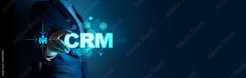 Poster businessman hold word crm for improve customer relationships through and data business analysis and 