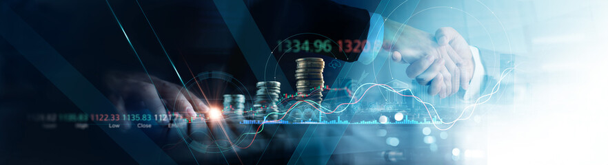 Graph and rows of coins for finance and business, Financial graph,  business analysis, Stock market...