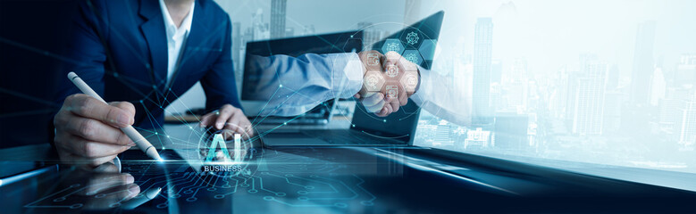 
Businessman analyst uses a AI artificial intelligence on modern dashboard for data business analysis, Management, Digital storage system, Database technology, Business network, Partnership and deal.