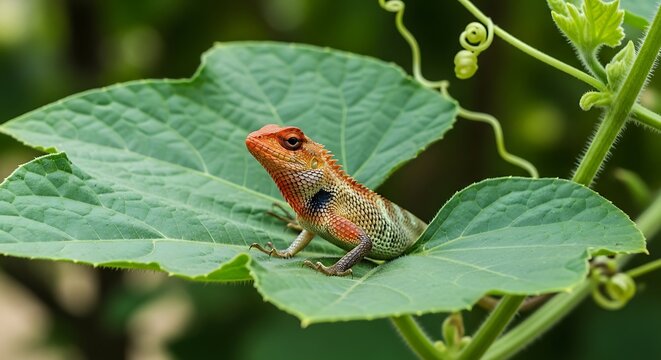 Lizard resting on a large green leaf in nature.