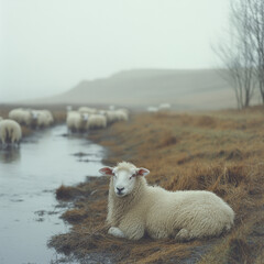 Sheep laying next to stream.