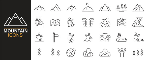 Vector hiking and mountain icons collection for trekking, climbing, and nature graphics