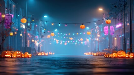 Modern Halloween street festival background, glowing neon decorations, rows of pumpkins, spooky banners and lanterns, colorful lights shining across the street, festive yet mysterious atmosphere