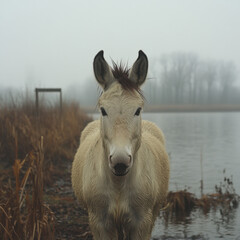 White goat standing in water.
