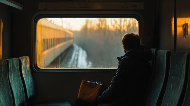 A person sits by a train window, watching the scenery pass.