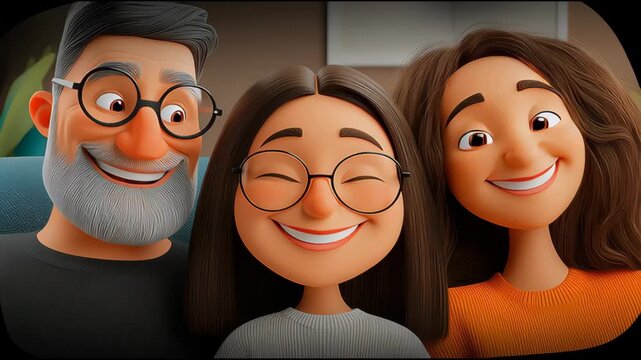 three cartoon characters smiling happily while sitting together on a couch