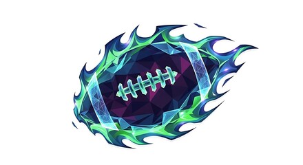 A glowing football with blue flames isolated on white background, digital rendering of sports equipment