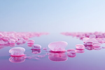 Suspended jelly pads drifting peacefully over calm glistening pink bubblegum river