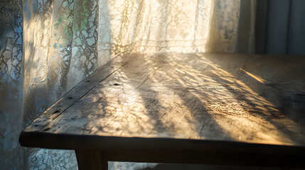 Warm sunlight streams through lace curtains casting dappled shadows on a rustic wooden table, inviting cozy moments.