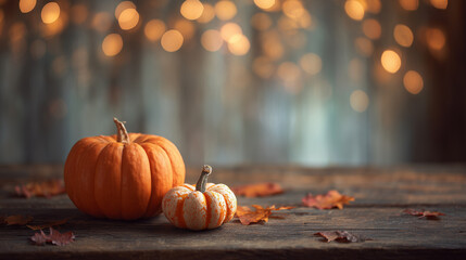 Cozy Autumn Still Life with Pumpkins and Golden Bokeh Lights on a rustic wooden table. Perfect for Thanksgiving, Halloween, autumn décor, seasonal marketing, greeting cards, and rustic holiday design