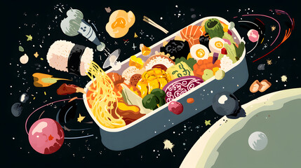 Cosmic Bento Box: An artistic illustration depicts a vibrant bento box filled with an array of delectable treats, suspended in the vastness of space.