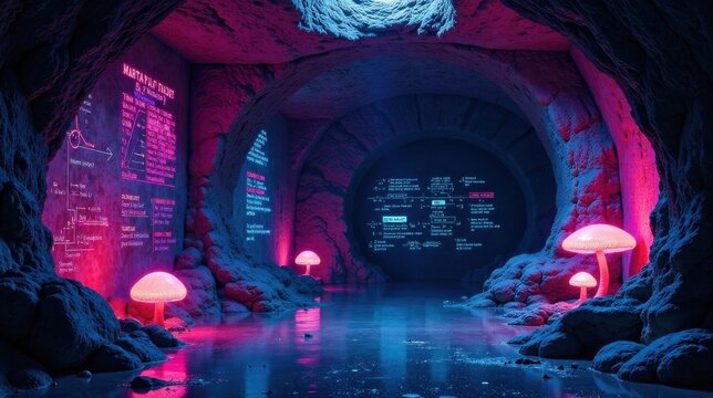 Enigmatic Subterranean Chamber Illuminated by Bioluminescent Fungi and Scientific Equations
