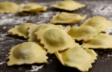 Beautiful raw ravioli stuffed with ground beef shallow DOF