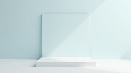 Fototapeta premium Minimalist White Platform and Light Blue Wall Background for Product Display and Presentations
