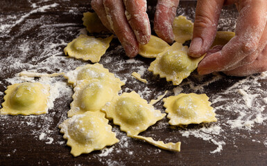 Preparing traditional Italian ravioli. Homemade Italian pasta.