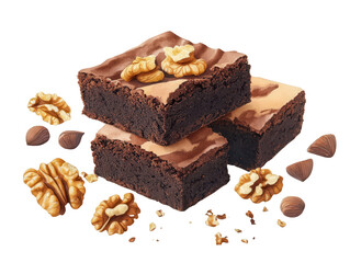 Stack Of Three Chocolate Brownies Topped With Walnuts Alongside Scattered Walnuts And Hazelnuts Transparent Background