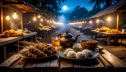 Realistic illustration of Indonesian angkringan street food at night, with satay, rice, and tea under warm lights and cultural atmosphere.