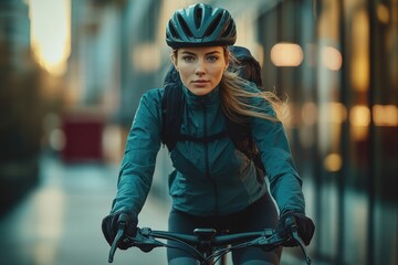 A young woman cyclist with a backpack, wearing a helmet, confidently rides her bike through a city street.