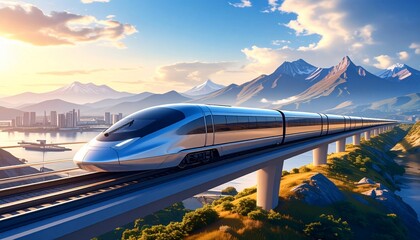 Fototapeta premium Modern high-speed train traveling across a bridge towards a mountain range at sunset