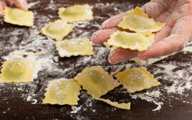 Preparing traditional Italian ravioli. Homemade Italian pasta.