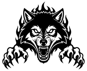 Aggressive Flaming Wolf Head with Claws, Wolf SVG, Fire SVG, Animal SVG, Mascot SVG