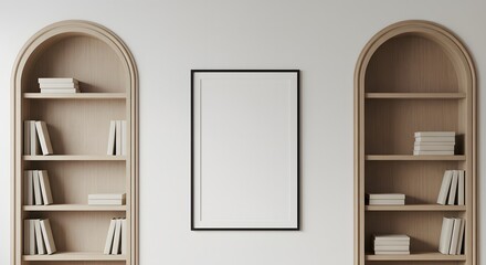 Minimalist White Wall with Black Frame and Wooden Shelves
