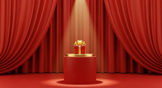 Red Gift Box on Pedestal with Spotlight.