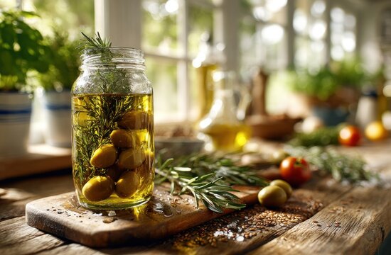 Close-up of olive oil-filled jar with herbs and olives on a wooden surface in a kitchen - Powered by Adobe