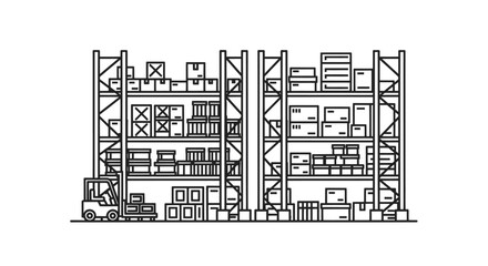 Warehouse storage facility with tall metal racks, stacked boxes, and a forklift truck line art illustration.