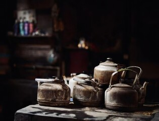 Weathered old kettles resting together in a dim rustic tea house, reflecting tradition and timeworn charm.