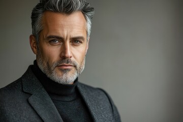 Obraz premium Close-up portrait of a stylish mature man with graying hair and beard, wearing a dark turtleneck and blazer.