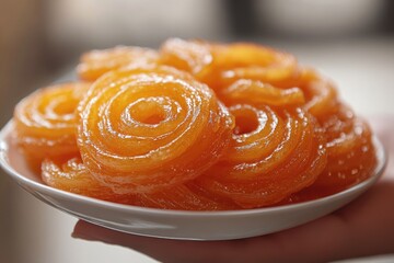 Fototapeta premium A plate of Jalebi, a popular Indian sweet, with its spiral shape and vibrant orange color.