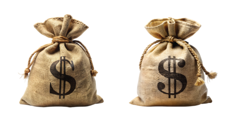 Money Bag: A full money bag tied with rope, dollar sign on front, sharp PNG.