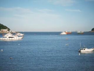 Fototapeta premium Small speedboats gliding across the blue sea under a clear sky, creating a vibrant and lively scene