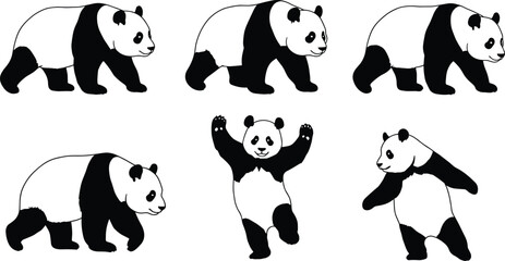 Cute panda bear silhouette vector, walking panda illustration, cartoon animal design, wildlife symbol, playful panda drawing, black and white graphic element © Creatives Mind