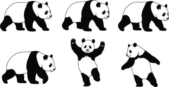 Cute panda bear silhouette vector, walking panda illustration, cartoon animal design, wildlife symbol, playful panda drawing, black and white graphic element