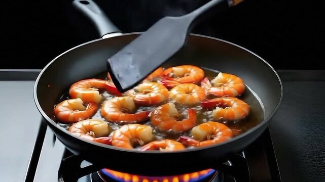 footage: frying shrimp (seafood) on a black pan