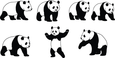Panda bear silhouette vector illustration, walking panda, standing panda, cute panda poses, wildlife animal design, black and white panda art collection © Creatives Mind