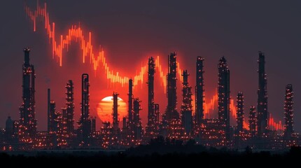 Oil refinery plant at sunset with red downtrend stock market chart overlay showing industrial economic decline and market downtrend impact - Powered by Adobe