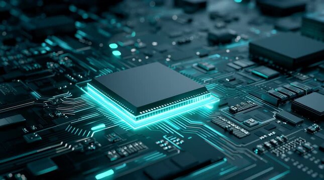 Microchip glowing blue light on electronic circuit board with advanced technology and electronic components close up view showing futuristic design