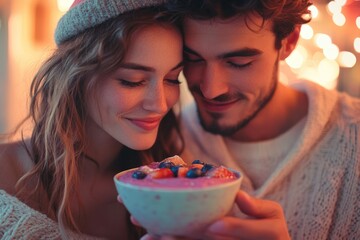 A young couple shares a cozy moment, enjoying a delicious berry smoothie bowl together.