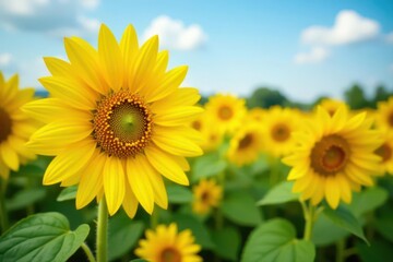 Obraz premium Close-up vibrant sunflowers, bright yellow petals, summer field, element, sunflower