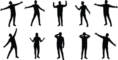 Silhouette set of people posing, men and women gestures, human body expressions, standing figures, lifestyle concept, black vector illustration isolated on white background