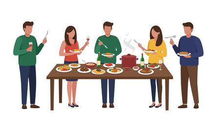 Friends enjoying a delicious meal together at a long table, filled with various dishes and drinks.