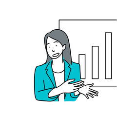 グラフを背景にプレゼンテーションを行う女性ビジネスパーソンのベクターイラスト｜データを用いた説明や報告に適したシンプルで分かりやすい人物素材