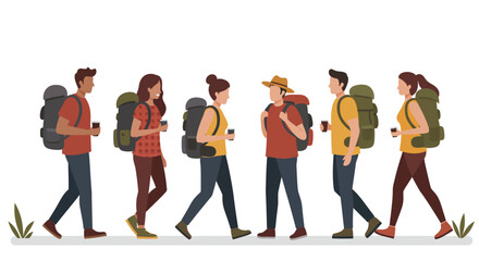 Fototapeta premium Group of hikers walking with backpacks, enjoying a leisurely outdoor adventure, holding cups.