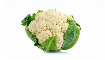 Fresh raw cauliflower head showcasing its dense creamy white florets and vibrant green leaves, a single whole vegetable isolated on a white background